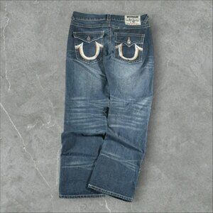 True Religion Jeans Mens 36x32 Blue Y2K Baggy Wide Leg Skater Contrast Stitching
